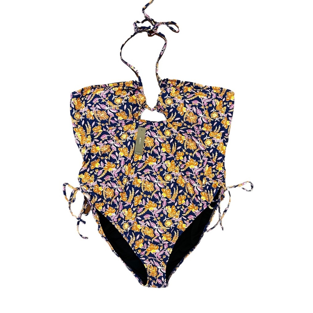 NWT J. Crew Halter Cut Out One Piece Swimsuit Painted Block Print Floral Size 24